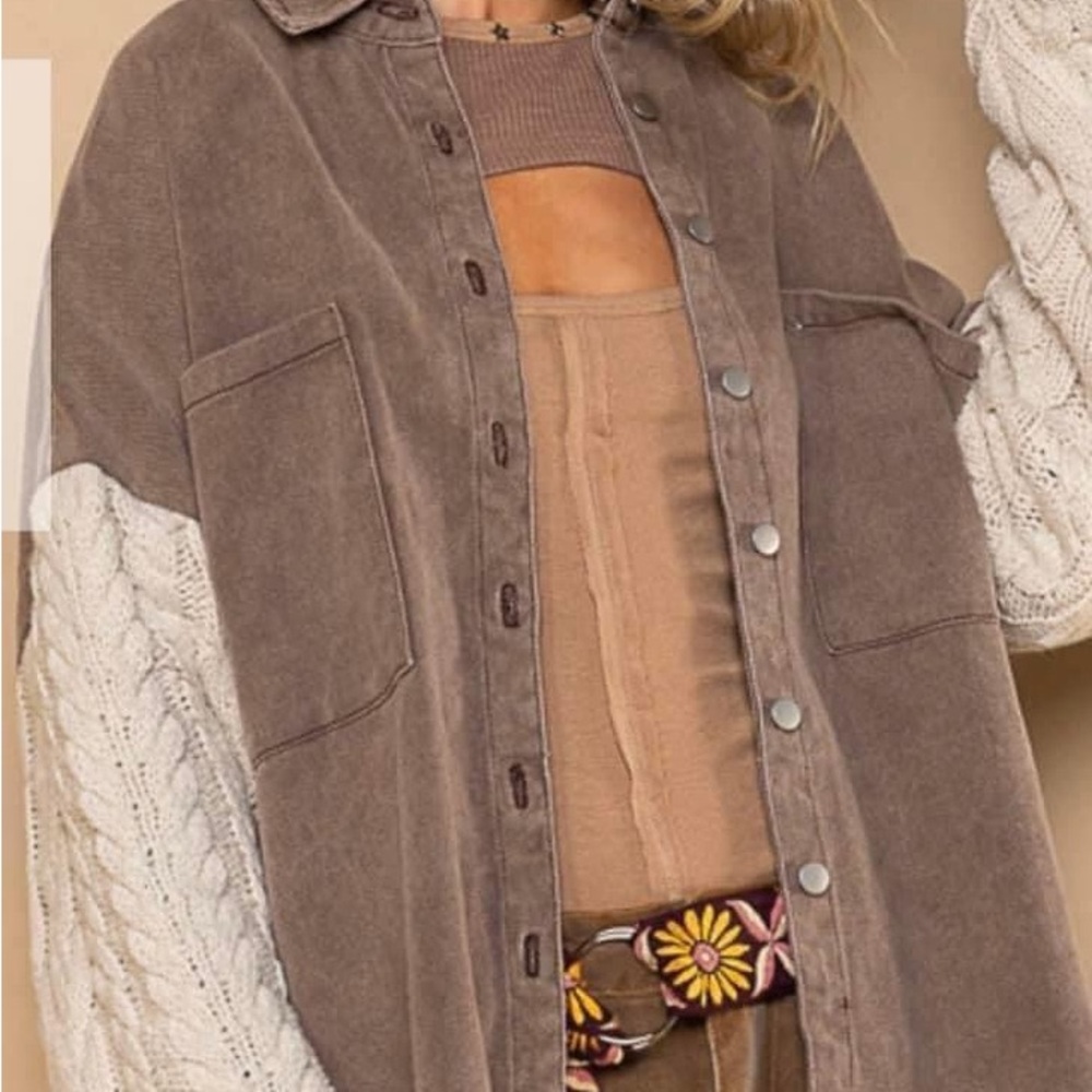 Large POL mocha shacket with knit sleeves
